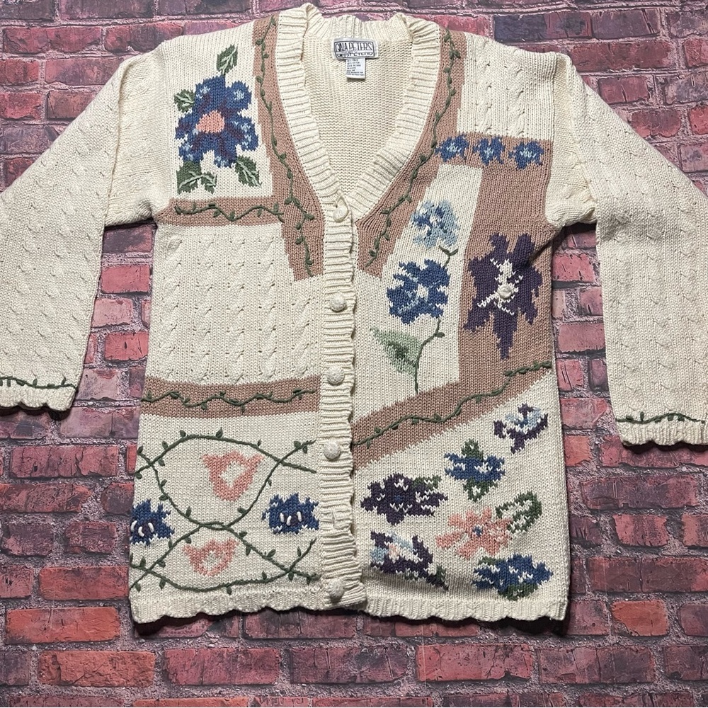 Vintage Cardigan Sweater Womens M CottageCore Floral Knit Granny Gina Peters